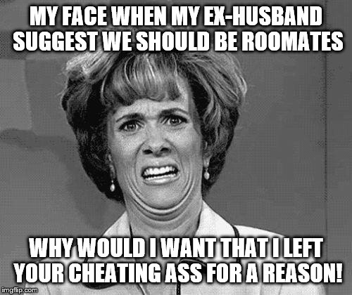 Funny Face | MY FACE WHEN MY EX-HUSBAND SUGGEST WE SHOULD BE ROOMATES; WHY WOULD I WANT THAT I LEFT YOUR CHEATING ASS FOR A REASON! | image tagged in funny face | made w/ Imgflip meme maker