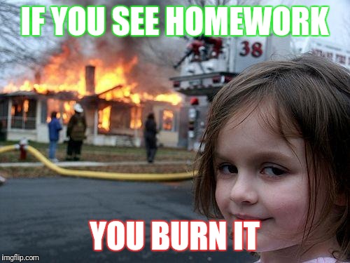 Disaster Girl Meme | IF YOU SEE HOMEWORK; YOU BURN IT | image tagged in memes,disaster girl | made w/ Imgflip meme maker