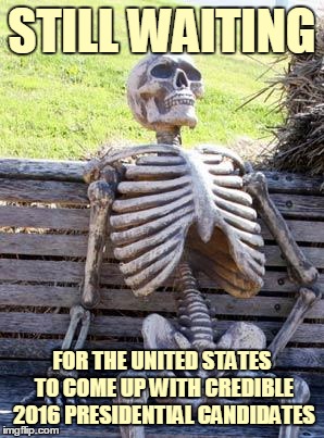 Waiting Skeleton | STILL WAITING; FOR THE UNITED STATES TO COME UP WITH CREDIBLE 2016 PRESIDENTIAL CANDIDATES | image tagged in memes,waiting skeleton | made w/ Imgflip meme maker
