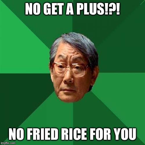High Expectation Asian Dad | NO GET A PLUS!?! NO FRIED RICE FOR YOU | image tagged in high expectation asian dad | made w/ Imgflip meme maker