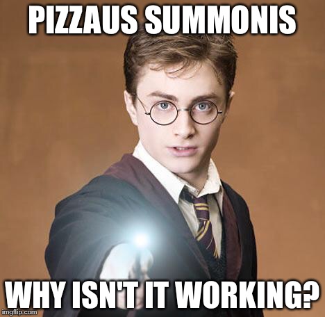 harry potter casting a spell | PIZZAUS SUMMONIS; WHY ISN'T IT WORKING? | image tagged in harry potter casting a spell | made w/ Imgflip meme maker