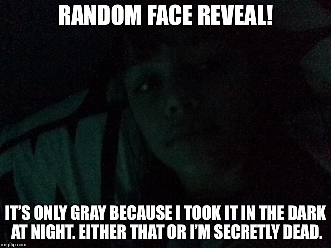 Random face revela! | RANDOM FACE REVEAL! IT’S ONLY GRAY BECAUSE I TOOK IT IN THE DARK AT NIGHT. EITHER THAT OR I’M SECRETLY DEAD. | image tagged in random | made w/ Imgflip meme maker