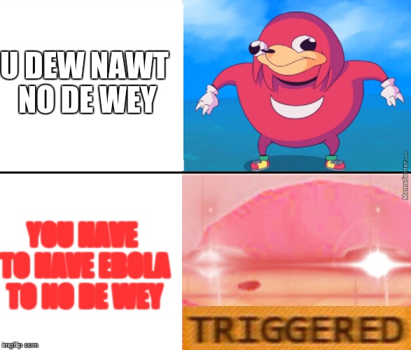 DeW u KnOw De WeY??? | U DEW NAWT NO DE WEY; YOU HAVE TO HAVE EBOLA TO NO DE WEY | image tagged in memes,do you know the way,ugandan knuckles,triggered | made w/ Imgflip meme maker
