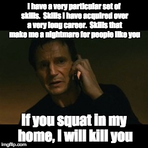 Liam Neeson Taken Meme | I have a very particular set of skills.  Skills I have acquired over a very long career.  Skills that make me a nightmare for people like you; If you squat in my home, I will kill you | image tagged in memes,liam neeson taken | made w/ Imgflip meme maker