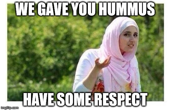 Confused Muslim Girl | WE GAVE YOU HUMMUS; HAVE SOME RESPECT | image tagged in confused muslim girl | made w/ Imgflip meme maker
