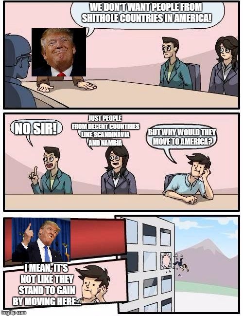 Trump Cabinet Meeting Suggestion | WE DON'T WANT PEOPLE FROM SHITHOLE COUNTRIES IN AMERICA! JUST PEOPLE FROM DECENT COUNTRIES LIKE SCANDINAVIA AND NAMBIA; NO SIR! BUT WHY WOULD THEY MOVE TO AMERICA? I MEAN, IT'S NOT LIKE THEY STAND TO GAIN BY MOVING HERE... | image tagged in trump meeting suggestion,trump,shithole countries,memes | made w/ Imgflip meme maker