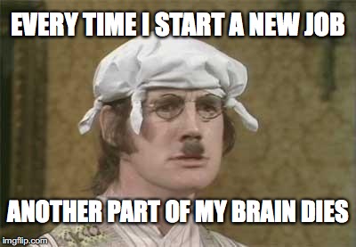 Monty Python brain hurt | EVERY TIME I START A NEW JOB; ANOTHER PART OF MY BRAIN DIES | image tagged in monty python brain hurt | made w/ Imgflip meme maker