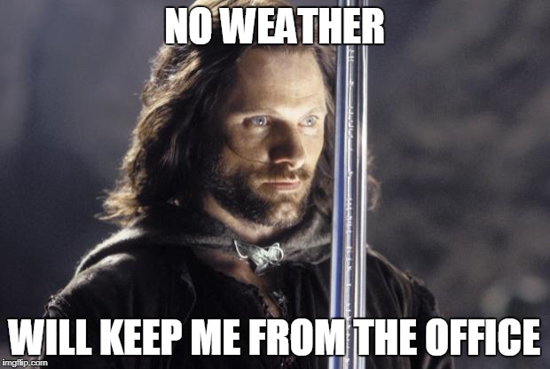 aragorn with sword | NO WEATHER; WILL KEEP ME FROM THE OFFICE | image tagged in aragorn with sword | made w/ Imgflip meme maker