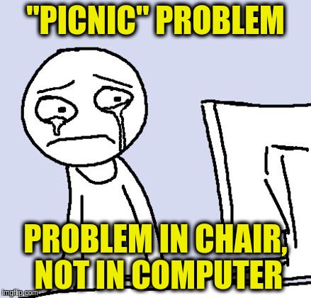 crying computer reaction | "PICNIC" PROBLEM; PROBLEM IN CHAIR, NOT IN COMPUTER | image tagged in crying computer reaction | made w/ Imgflip meme maker