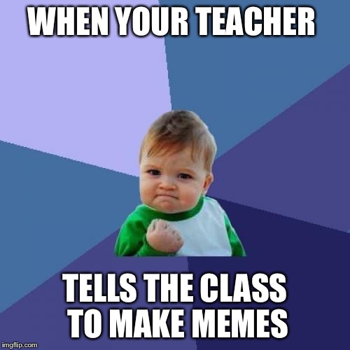 Success Kid | WHEN YOUR TEACHER; TELLS THE CLASS TO MAKE MEMES | image tagged in memes,success kid | made w/ Imgflip meme maker