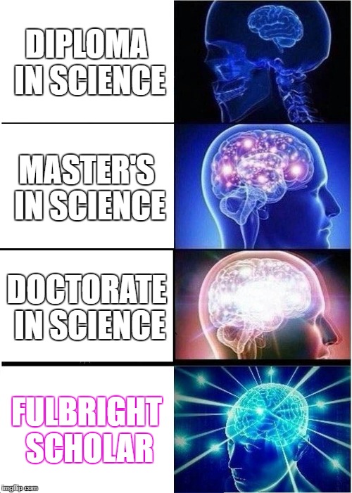 Expanding Brain | DIPLOMA IN SCIENCE; MASTER'S IN SCIENCE; DOCTORATE IN SCIENCE; FULBRIGHT SCHOLAR | image tagged in memes,expanding brain | made w/ Imgflip meme maker