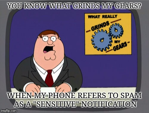 Peter Griffin News Meme | YOU KNOW WHAT GRINDS MY GEARS? WHEN MY PHONE REFERS TO SPAM AS A "SENSITIVE" NOTIFICATION | image tagged in memes,peter griffin news | made w/ Imgflip meme maker