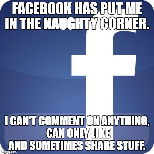 facebook | FACEBOOK HAS PUT ME IN THE NAUGHTY CORNER. I CAN'T COMMENT ON ANYTHING, CAN ONLY LIKE AND SOMETIMES SHARE STUFF. | image tagged in facebook | made w/ Imgflip meme maker