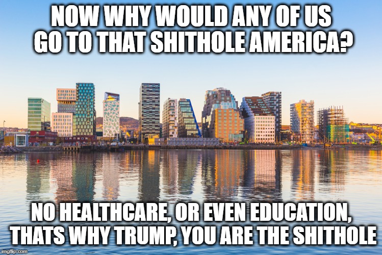 Norway | NOW WHY WOULD ANY OF US GO TO THAT SHITHOLE AMERICA? NO HEALTHCARE, OR EVEN EDUCATION, THATS WHY TRUMP, YOU ARE THE SHITHOLE | image tagged in norway | made w/ Imgflip meme maker
