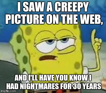 I'll Have You Know Spongebob | I SAW A CREEPY PICTURE ON THE WEB, AND I'LL HAVE YOU KNOW I HAD NIGHTMARES FOR 30 YEARS | image tagged in memes,ill have you know spongebob | made w/ Imgflip meme maker