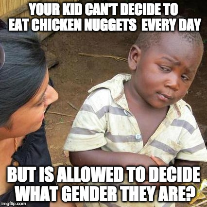??? | YOUR KID CAN'T DECIDE TO EAT CHICKEN NUGGETS  EVERY DAY; BUT IS ALLOWED TO DECIDE WHAT GENDER THEY ARE? | image tagged in third world skeptical kid,transgender,wtf,gender,college liberal,donald trump | made w/ Imgflip meme maker