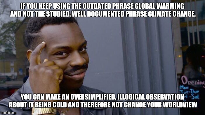Global warming, global warming everywhere | IF YOU KEEP USING THE OUTDATED PHRASE GLOBAL WARMING AND NOT THE STUDIED, WELL DOCUMENTED PHRASE CLIMATE CHANGE, YOU CAN MAKE AN OVERSIMPLIFIED, ILLOGICAL OBSERVATION ABOUT IT BEING COLD AND THEREFORE NOT CHANGE YOUR WORLDVIEW | image tagged in memes,roll safe think about it | made w/ Imgflip meme maker