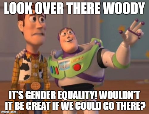 X, X Everywhere | LOOK OVER THERE WOODY; IT'S GENDER EQUALITY! WOULDN'T IT BE GREAT IF WE COULD GO THERE? | image tagged in memes,x x everywhere | made w/ Imgflip meme maker