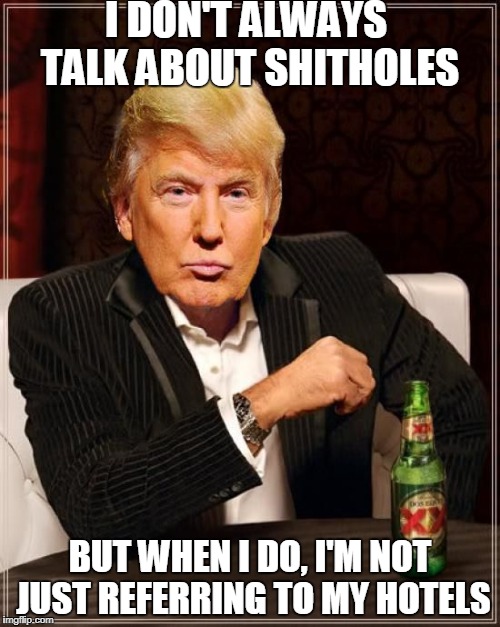 Trump Most Interesting Man In The World | I DON'T ALWAYS TALK ABOUT SHITHOLES; BUT WHEN I DO, I'M NOT JUST REFERRING TO MY HOTELS | image tagged in trump most interesting man in the world | made w/ Imgflip meme maker