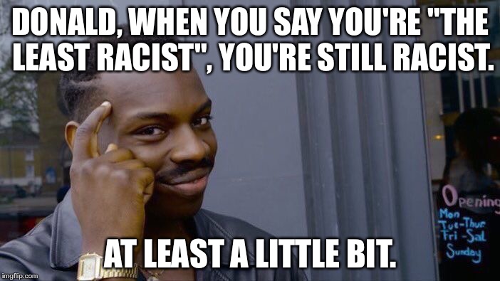 Grammar Nazi Week - Least Racist | DONALD, WHEN YOU SAY YOU'RE "THE LEAST RACIST", YOU'RE STILL RACIST. AT LEAST A LITTLE BIT. | image tagged in memes,roll safe think about it,the racism doesn't exist racist,donald trump,grammar nazi week,political correctness | made w/ Imgflip meme maker
