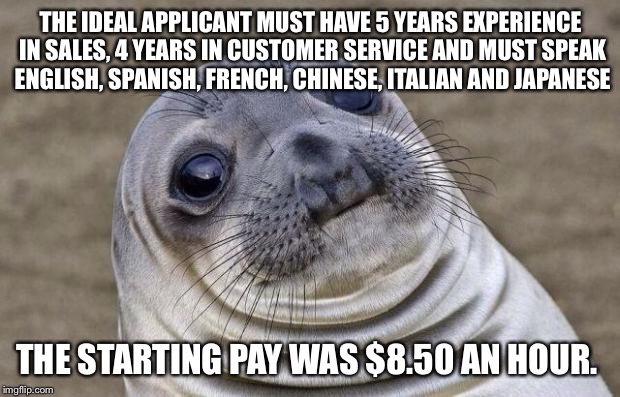 Awkward Moment Sealion | THE IDEAL APPLICANT MUST HAVE 5 YEARS EXPERIENCE IN SALES, 4 YEARS IN CUSTOMER SERVICE AND MUST SPEAK ENGLISH, SPANISH, FRENCH, CHINESE, ITALIAN AND JAPANESE; THE STARTING PAY WAS $8.50 AN HOUR. | image tagged in memes,awkward moment sealion,AdviceAnimals | made w/ Imgflip meme maker