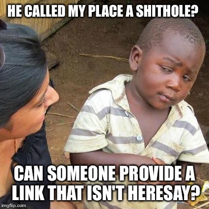 Even though it's believable, no evidence.  | HE CALLED MY PLACE A SHITHOLE? CAN SOMEONE PROVIDE A LINK THAT ISN'T HERESAY? | image tagged in memes,third world skeptical kid,donald trump,trump,shithole | made w/ Imgflip meme maker