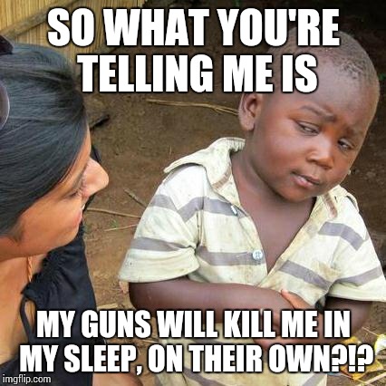 Say What? | SO WHAT YOU'RE TELLING ME IS; MY GUNS WILL KILL ME IN MY SLEEP, ON THEIR OWN?!? | image tagged in guns,gun control,bullshit,memes,third world skeptical kid | made w/ Imgflip meme maker