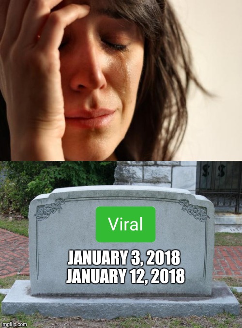 The day the Viral died.  I liked those pages, maybe a little too much.... I hope they bring them back. | JANUARY 3, 2018 JANUARY 12, 2018 | image tagged in viral,first world problems,cemetery,imgflip,mods | made w/ Imgflip meme maker