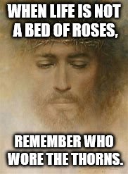 WHEN LIFE IS NOT A BED OF ROSES, REMEMBER WHO WORE THE THORNS. | image tagged in jesus | made w/ Imgflip meme maker