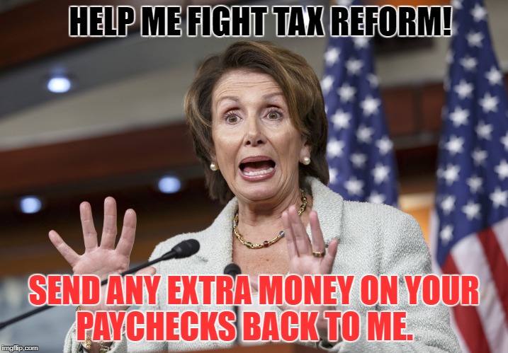 HELP ME FIGHT TAX REFORM! SEND ANY EXTRA MONEY ON YOUR PAYCHECKS BACK TO ME. | image tagged in nancy pelosi wtf | made w/ Imgflip meme maker