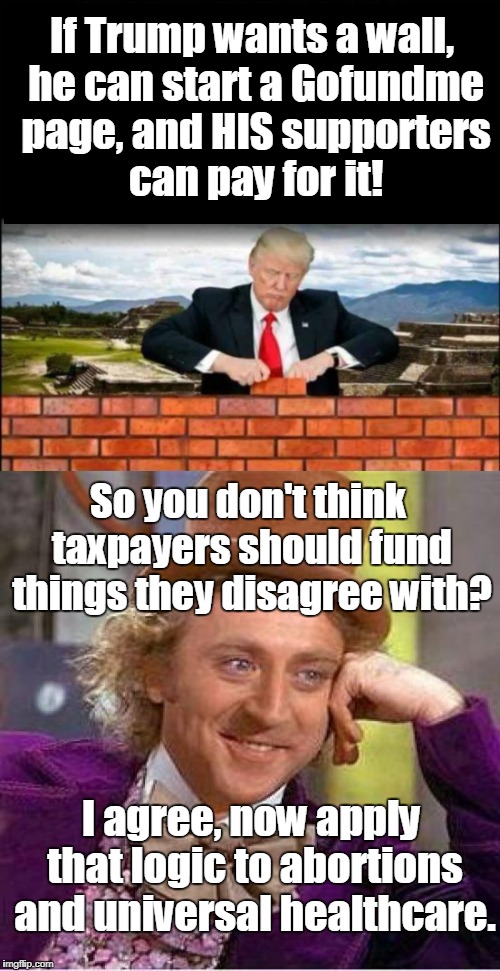 Makes sense to me; taxpayers should not have to fund things they disagree with. | If Trump wants a wall, he can start a Gofundme page, and HIS supporters can pay for it! So you don't think taxpayers should fund things they disagree with? I agree, now apply that logic to abortions and universal healthcare. | image tagged in trump wall,creepy condescending wonka,taxpayers,memes | made w/ Imgflip meme maker
