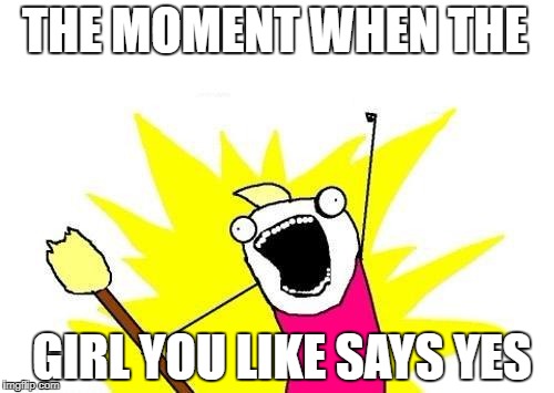 X All The Y Meme | THE MOMENT WHEN THE; GIRL YOU LIKE SAYS YES | image tagged in memes,x all the y | made w/ Imgflip meme maker