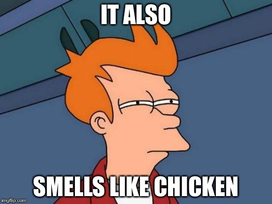 Futurama Fry Meme | IT ALSO SMELLS LIKE CHICKEN | image tagged in memes,futurama fry | made w/ Imgflip meme maker