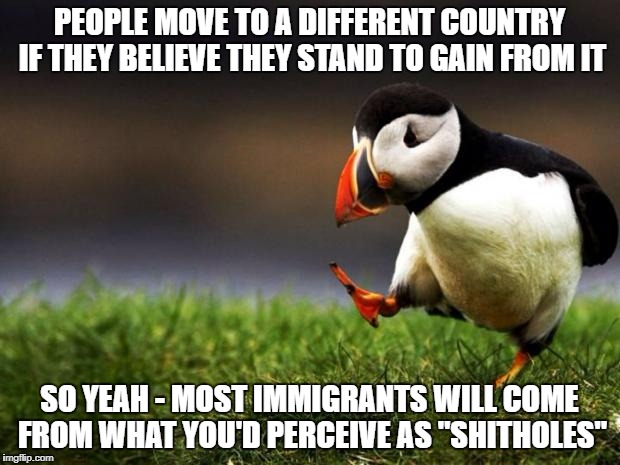 There are exceptions to the rule of course but this is the general case! | PEOPLE MOVE TO A DIFFERENT COUNTRY IF THEY BELIEVE THEY STAND TO GAIN FROM IT; SO YEAH - MOST IMMIGRANTS WILL COME FROM WHAT YOU'D PERCEIVE AS "SHITHOLES" | image tagged in memes,unpopular opinion puffin,shithole,donald trump | made w/ Imgflip meme maker