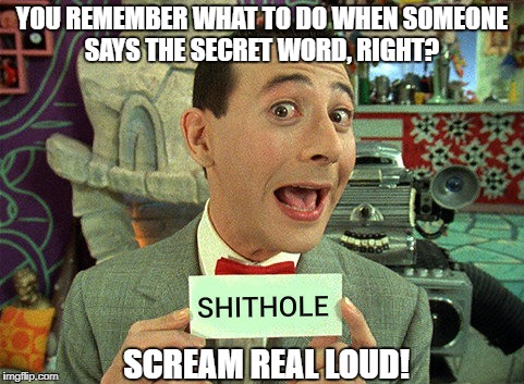 PeeWee Herman´s Secret Word Shithole | YOU REMEMBER WHAT TO DO WHEN SOMEONE SAYS THE SECRET WORD, RIGHT? SCREAM REAL LOUD! | image tagged in trump,peewee herman secret word of the day,shithole,donald trump | made w/ Imgflip meme maker