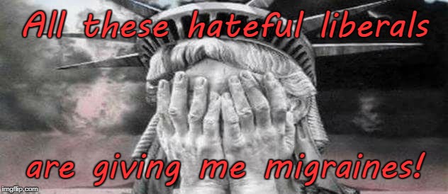 Lady Liberty: Liberals giving me migraines  | All these hateful liberals; are giving me migraines! | image tagged in lady liberty,liberals,hate,migraines | made w/ Imgflip meme maker