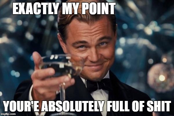 Leonardo Dicaprio Cheers Meme | EXACTLY MY POINT; YOUR'E ABSOLUTELY FULL OF SHIT | image tagged in memes,leonardo dicaprio cheers | made w/ Imgflip meme maker