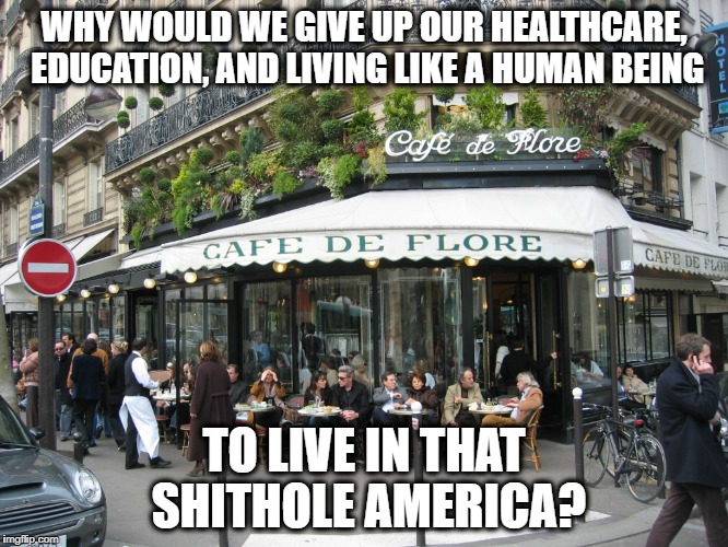 Socialism | WHY WOULD WE GIVE UP OUR HEALTHCARE, EDUCATION, AND LIVING LIKE A HUMAN BEING TO LIVE IN THAT SHITHOLE AMERICA? | image tagged in socialism | made w/ Imgflip meme maker