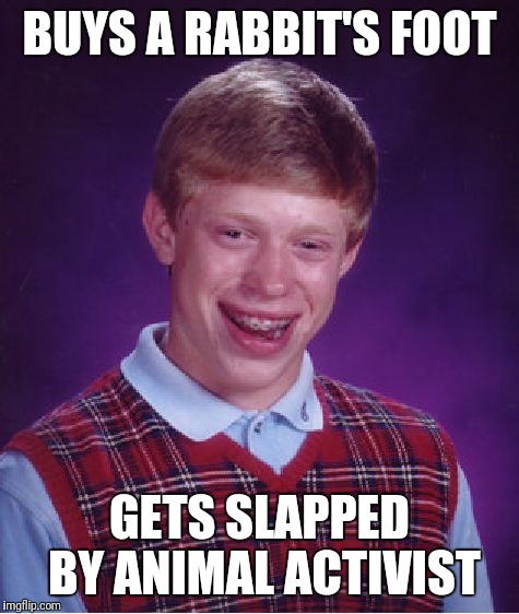 Good Luck Brian...? | BUYS A RABBIT'S FOOT; GETS SLAPPED BY ANIMAL ACTIVIST | image tagged in memes,bad luck brian,rabbits,superstition,good luck brian,animal rights | made w/ Imgflip meme maker