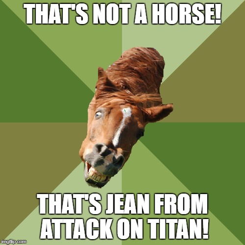 schizo horse | THAT'S NOT A HORSE! THAT'S JEAN FROM ATTACK ON TITAN! | image tagged in schizo horse | made w/ Imgflip meme maker