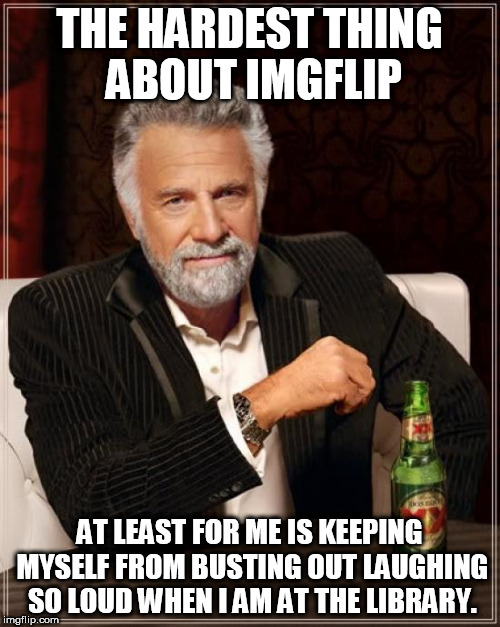 Thank you for the laughs. | THE HARDEST THING ABOUT IMGFLIP; AT LEAST FOR ME IS KEEPING MYSELF FROM BUSTING OUT LAUGHING SO LOUD WHEN I AM AT THE LIBRARY. | image tagged in memes,the most interesting man in the world,imgflip | made w/ Imgflip meme maker