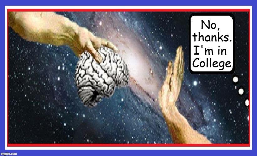 God Offers a Brain to Man | No, thanks. I'm in College | image tagged in vince vance,michelangelo,sistine chapel,liberals,antifa,universities | made w/ Imgflip meme maker
