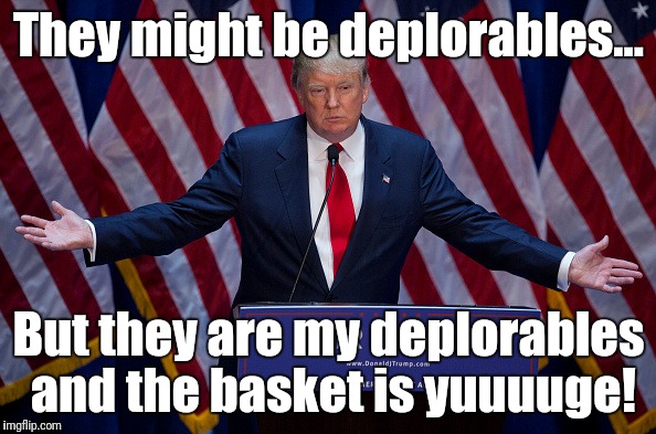 He sucks, but his minions love him! | They might be deplorables... But they are my deplorables and the basket is yuuuuge! | image tagged in donald trump,awful,basket of deplorables,memes | made w/ Imgflip meme maker