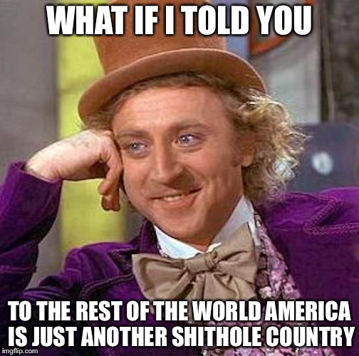Creepy Condescending Wonka | WHAT IF I TOLD YOU; TO THE REST OF THE WORLD AMERICA IS JUST ANOTHER SHITHOLE COUNTRY | image tagged in memes,creepy condescending wonka | made w/ Imgflip meme maker