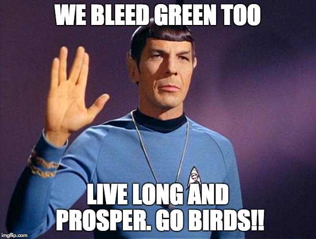 spock live long and prosper | WE BLEED GREEN TOO; LIVE LONG AND PROSPER. GO BIRDS!! | image tagged in spock live long and prosper | made w/ Imgflip meme maker
