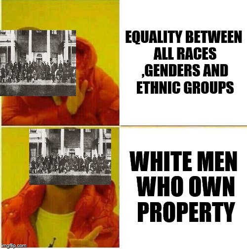 Drake Hotline approves | EQUALITY BETWEEN ALL RACES ,GENDERS AND ETHNIC GROUPS; WHITE MEN WHO OWN PROPERTY | image tagged in drake hotline approves | made w/ Imgflip meme maker