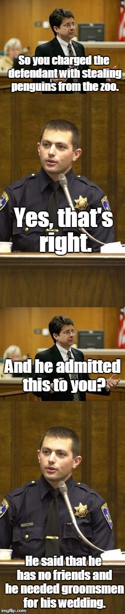 Lawyer and Cop testifying | So you charged the defendant with stealing penguins from the zoo. Yes, that's right. And he admitted this to you? He said that he has no friends and he needed groomsmen for his wedding. | image tagged in lawyer and cop testifying | made w/ Imgflip meme maker