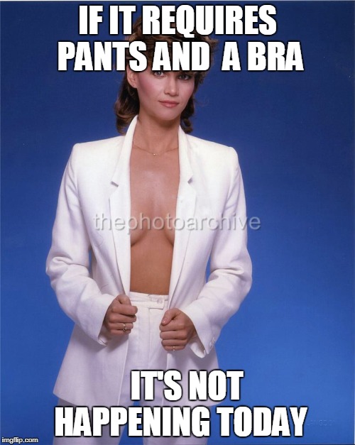 Open Jacket | IF IT REQUIRES PANTS AND  A BRA; IT'S NOT HAPPENING TODAY | image tagged in bra,cleavage,pants,nsfw | made w/ Imgflip meme maker