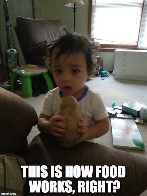 THIS IS HOW FOOD WORKS, RIGHT? | image tagged in memes,funny memes,baby,toddler,potato,food | made w/ Imgflip meme maker