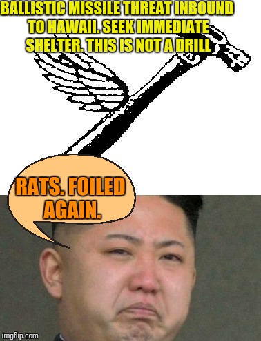 Well. It's Not a Drill. | BALLISTIC MISSILE THREAT INBOUND TO HAWAII. SEEK IMMEDIATE SHELTER. THIS IS NOT A DRILL; RATS. FOILED AGAIN. | image tagged in drill,hammer,kim jong un,emergency,announcement | made w/ Imgflip meme maker